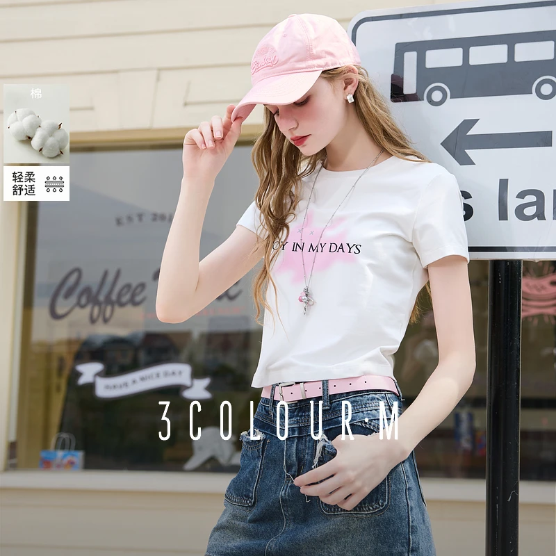 三彩2025夏季新款休闲印花T恤圆领正肩短袖上衣修身套头衫M