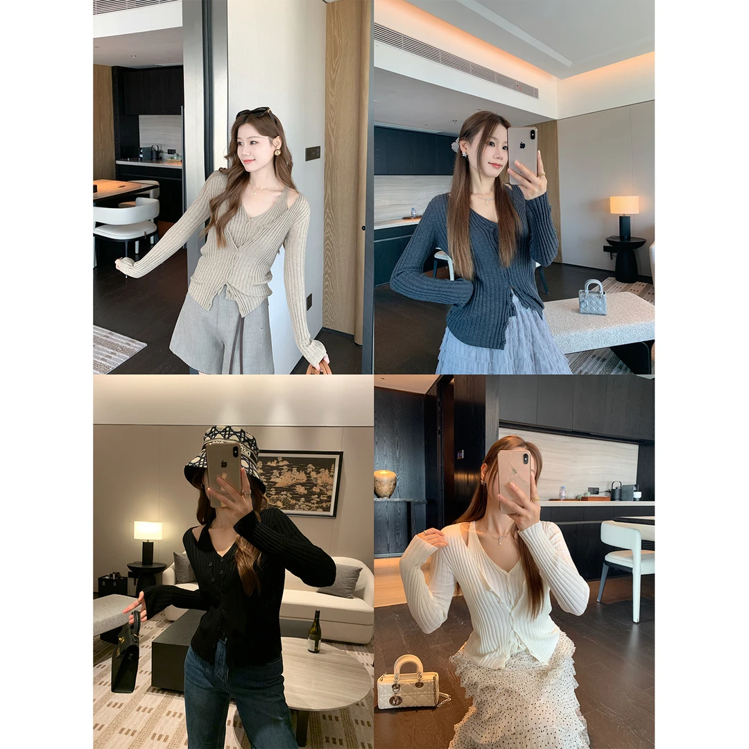 本希benxe/奶油舒芙蕾 坑条显瘦羊毛混纺假两件针织衫