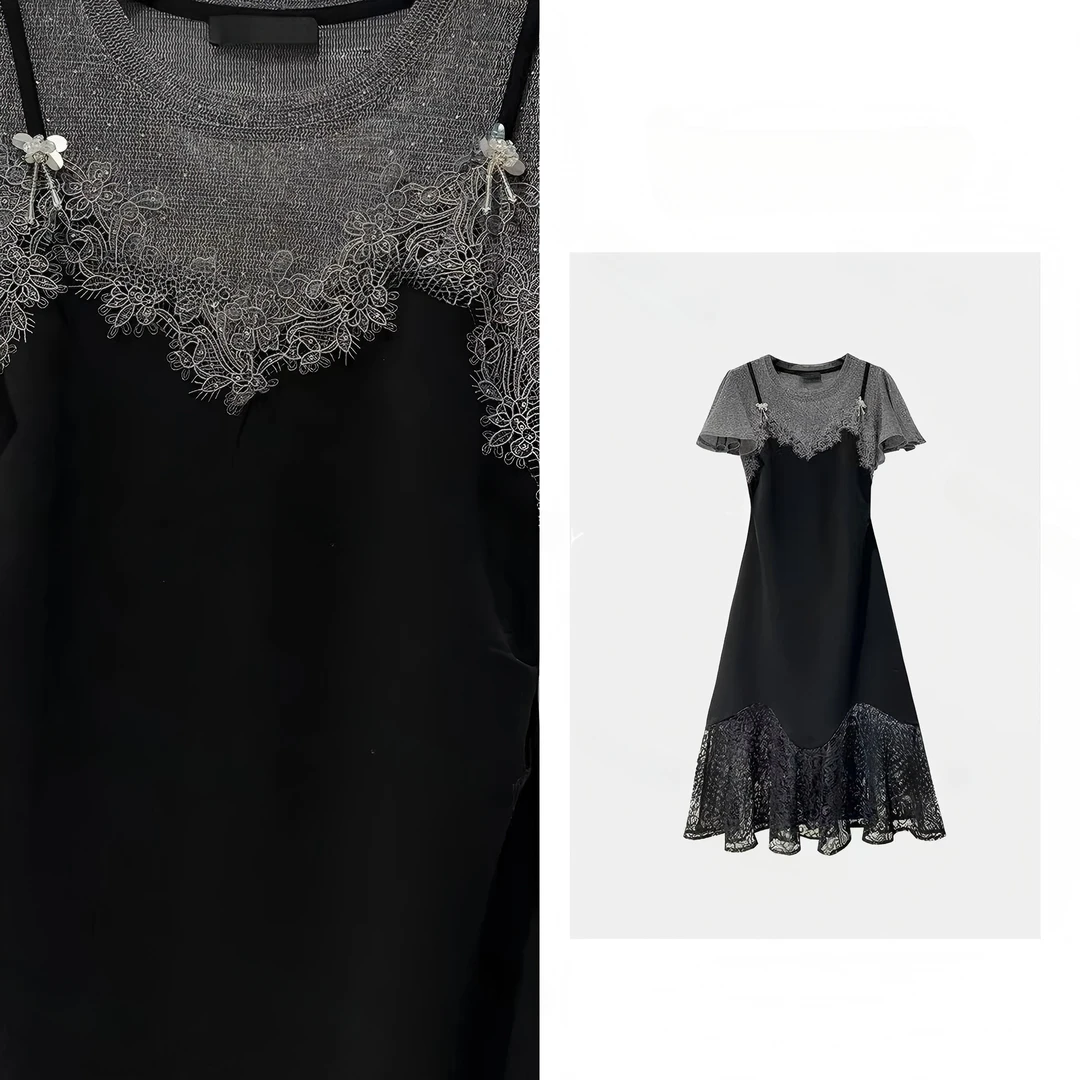 复古宫廷高级感蕾丝拼接假两件吊带新款连衣裙