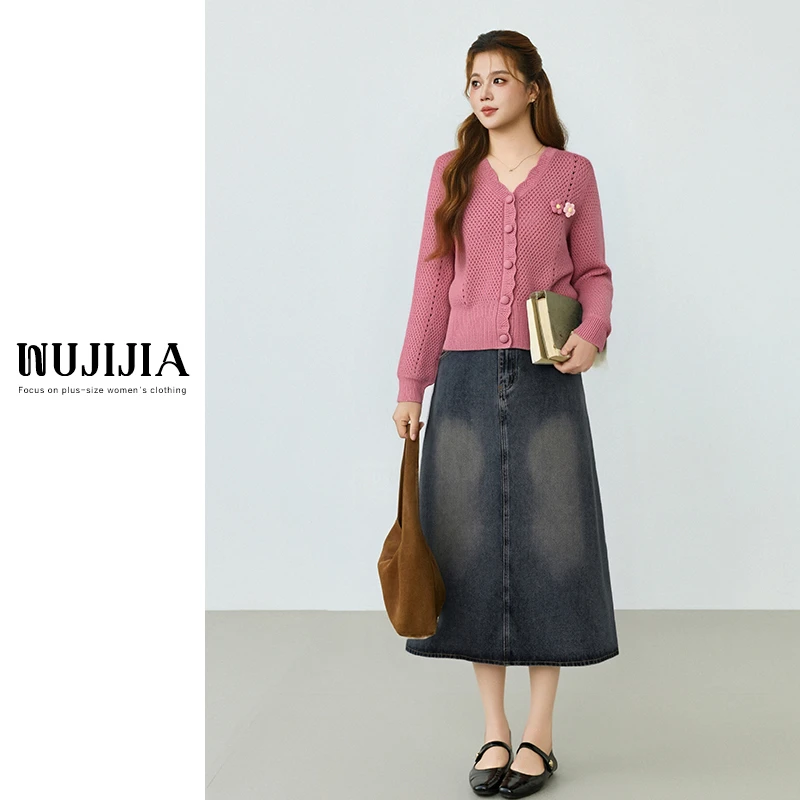 五季家ZL110778粉色针织上衣+ZL98204蓝色长半裙两件套装大码女装