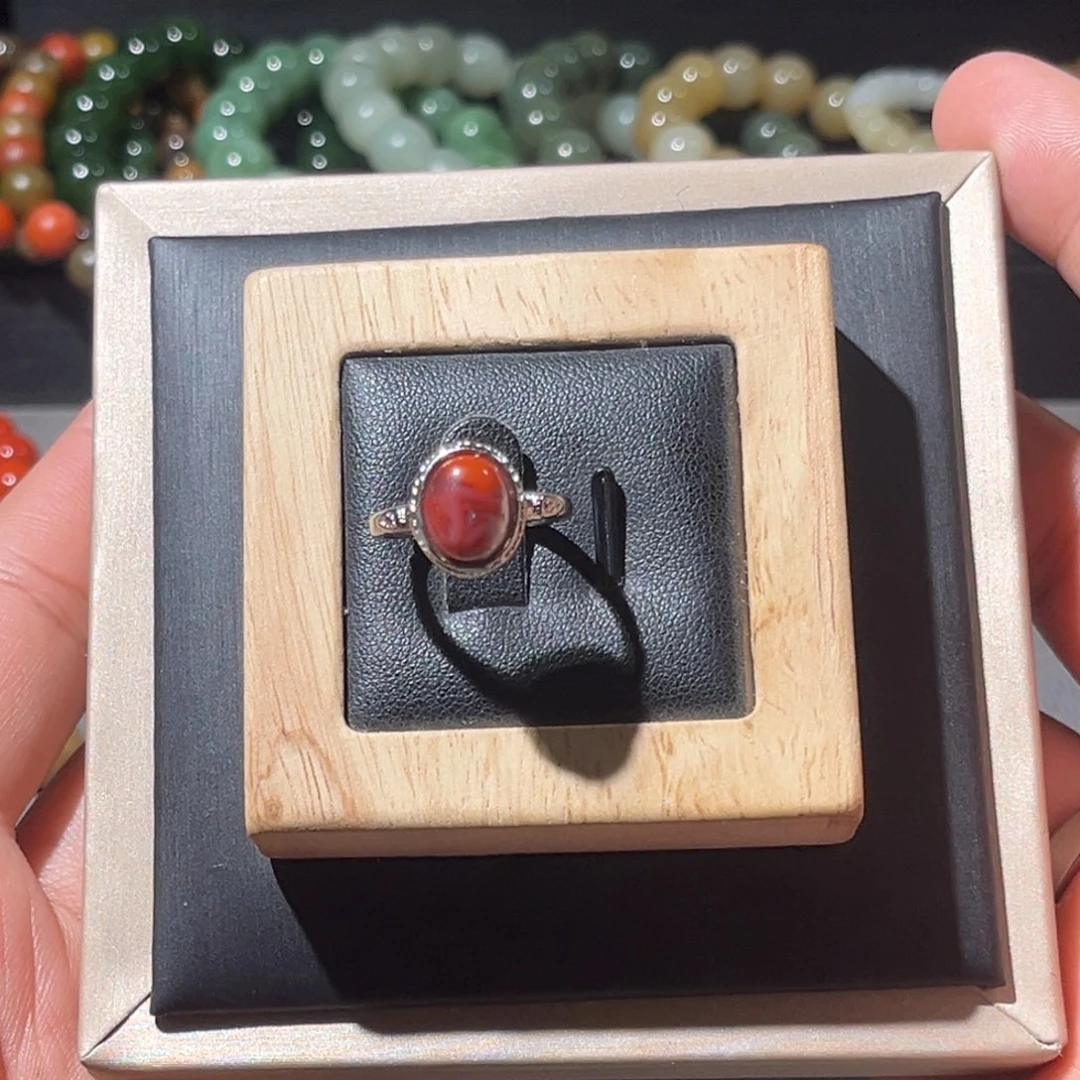南红玛瑙银S925镶嵌戒指银镶原矿南红