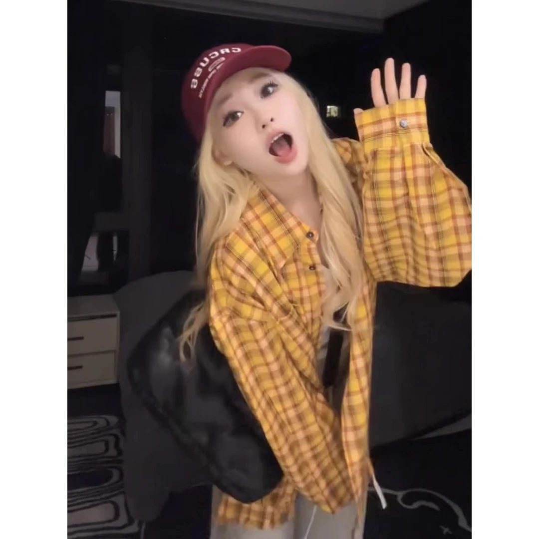 美式复古黄色格子衬衫外套女春秋薄款慵懒风bf风叠穿防晒衬衣开衫