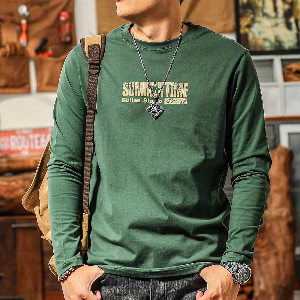 季言男士长袖t恤纯棉春秋新款印花圆领 高端品牌打底衫男美式上衣