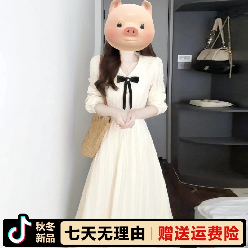 2025新款小个子香风v领长袖连衣裙子女秋冬季小洋装富家千金长裙