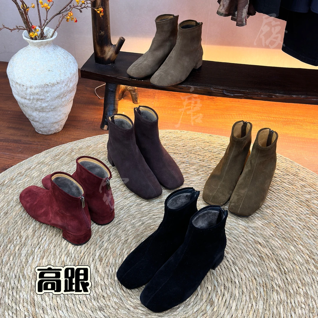 真皮短靴粗跟靴子女款秋冬阔腿裤专用百搭款加绒百搭靴子1028-11