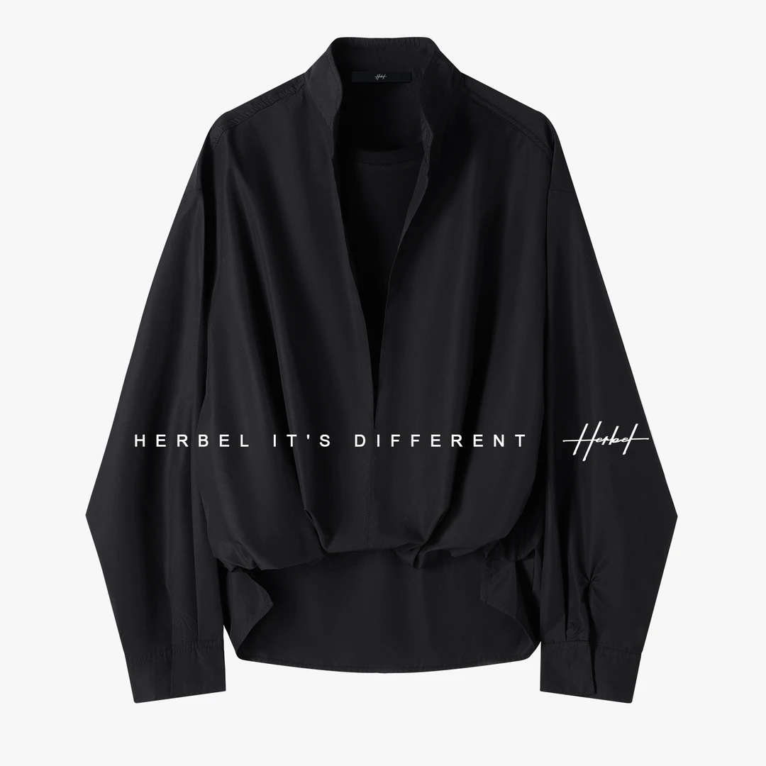 HERBEL/黑白2025秋季新款V领假两件长袖衬衫纯色前短后长衬衫