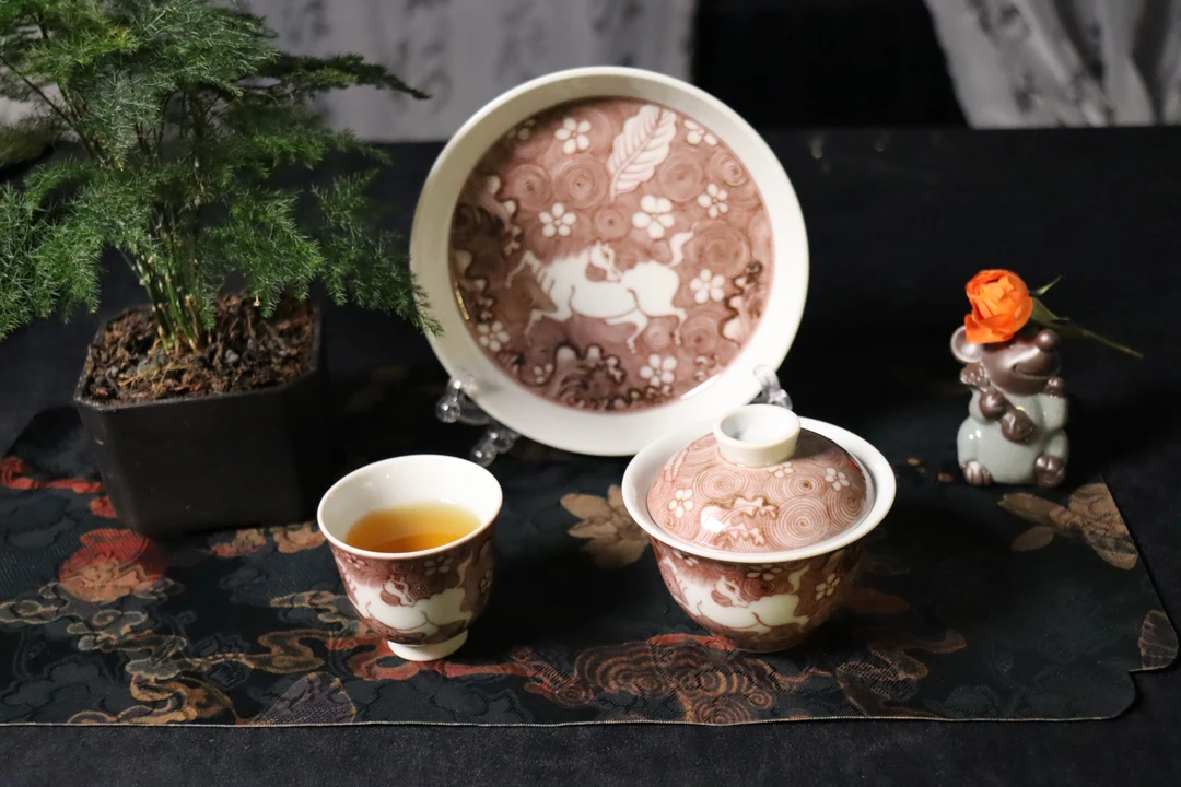 景德镇幽蓝溪堂复古釉里红带盖碗白瓷陶瓷鱼藻纹中式茶杯茶具茶碗