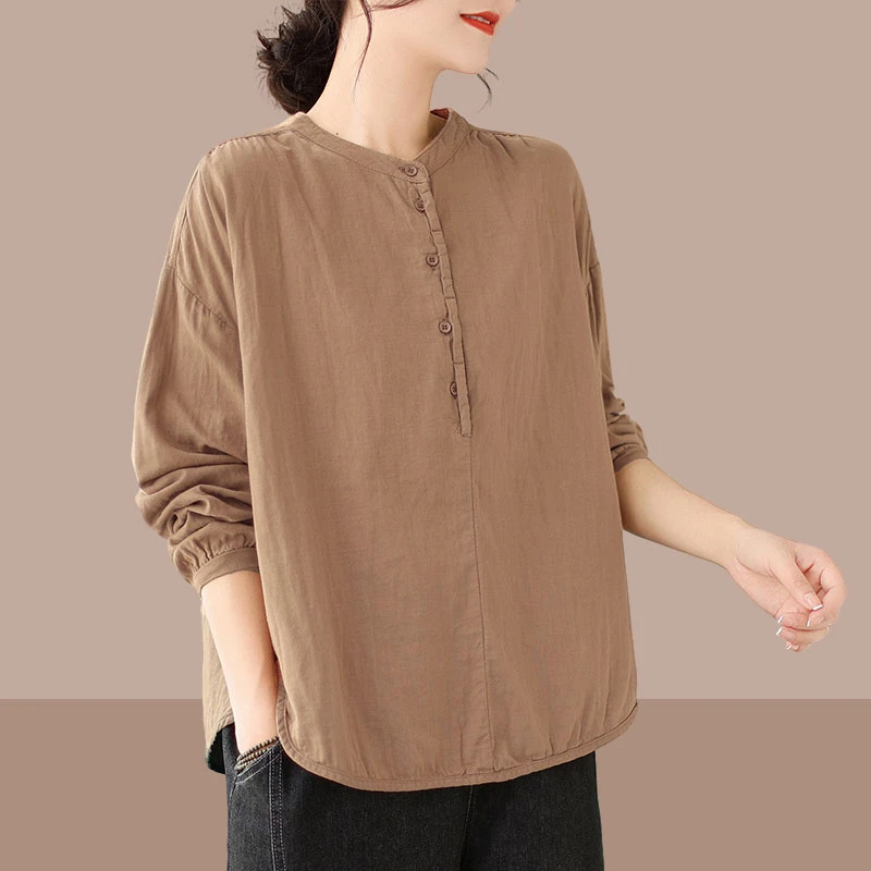 春秋季时尚复古洋气大码亚麻双层皱衬衫女纯色套头衬衣上衣打底衫