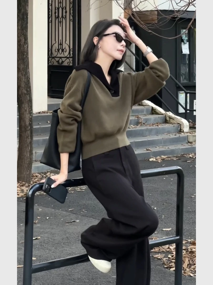 入秋穿搭一整套女装2025又a又飒高级感超好看的针织衫阔腿裤套装