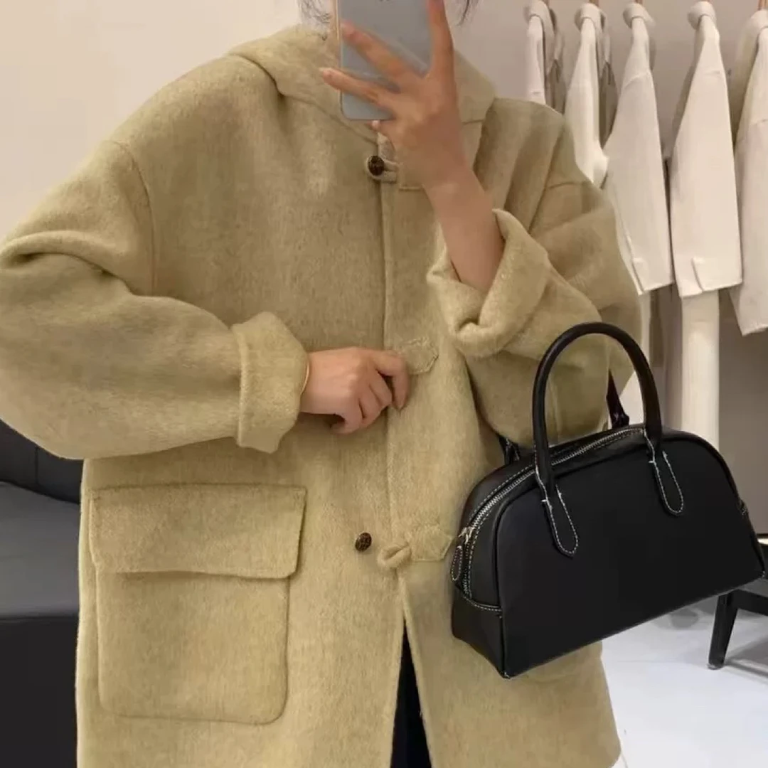 秋冬连帽双面大衣宽松阔版小个子中长款女式外套