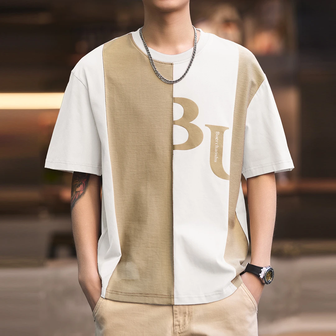 格蓝鹿高端日系潮牌肌理感拼接短袖T恤男士夏季新款宽松大码半袖