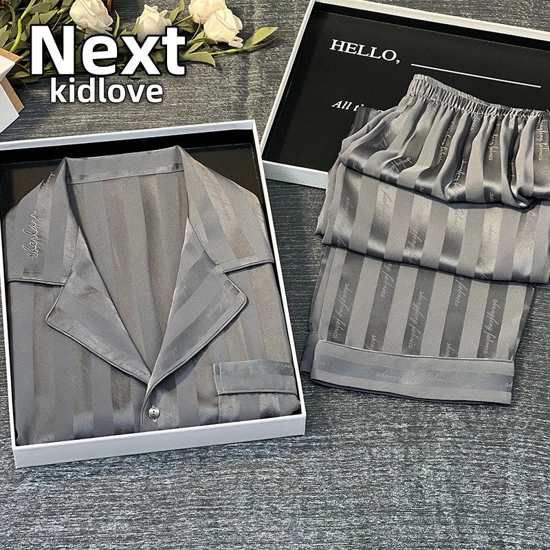 NEXT日系情侣条纹冰丝睡衣女夏季2025短袖简约男士轻薄休闲外穿家