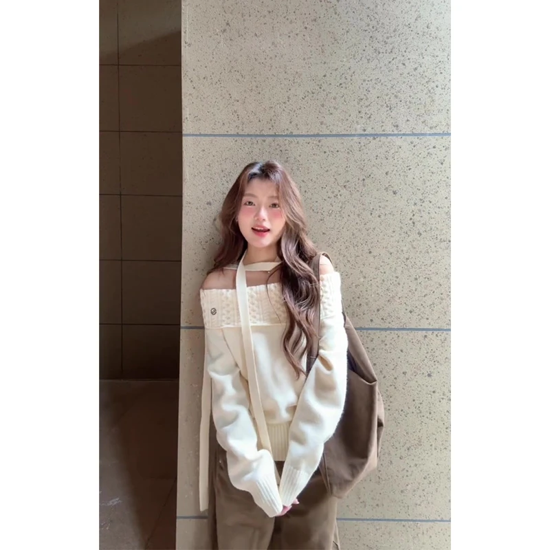 韩系氛围感软糯一字肩针织衫长袖上衣女高腰显瘦阔腿休闲裤套装