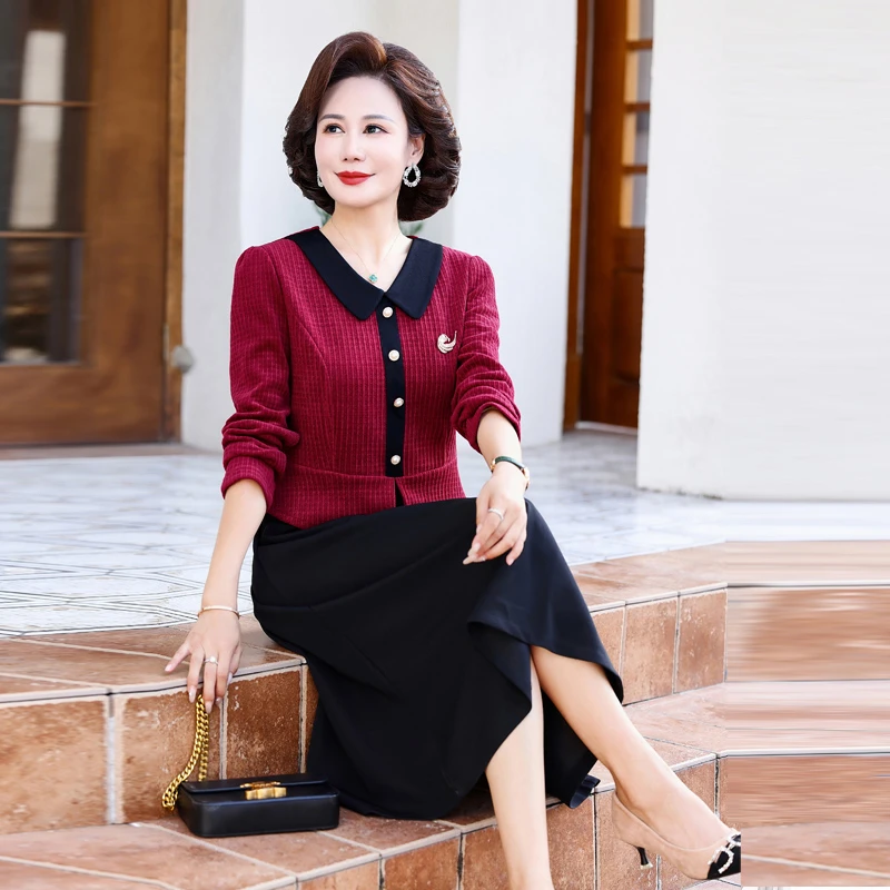 春秋款连衣裙女长袖高档妈妈假两件拼接裙中年女式长袖中裙小翻领
