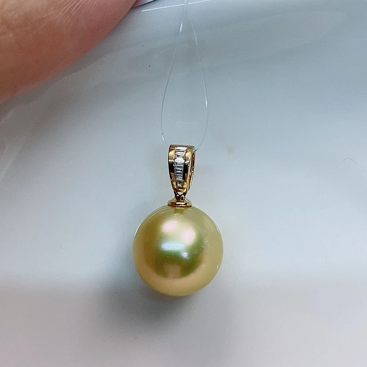 海水珍珠吊坠(不含链)18K金镶嵌南洋金珠13-14mm