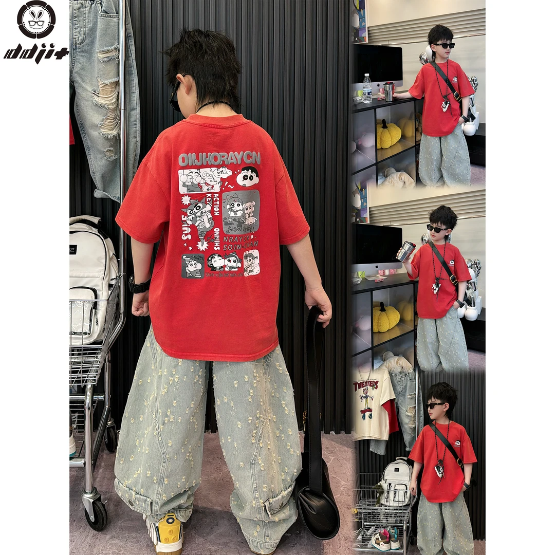 蛋蛋家【小新T恤】春夏款时尚街头男童橘红色背面小新印花短袖T恤