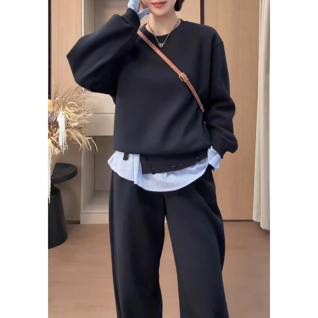 时尚加绒拼接假两件卫衣三件套装女2025冬新款设计感屁帘卫裤套装