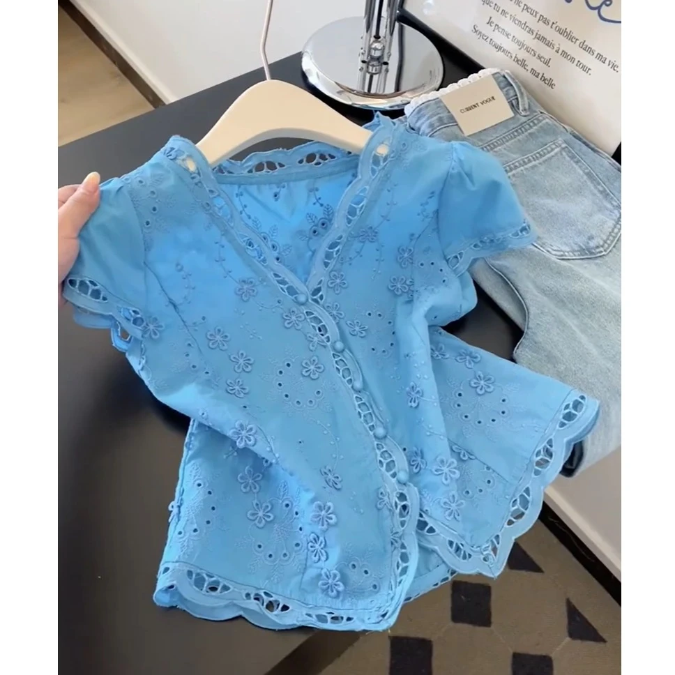 韩系蕾丝碎花刺绣短袖衬衫女夏季新款小众设计感减龄小众女装2025