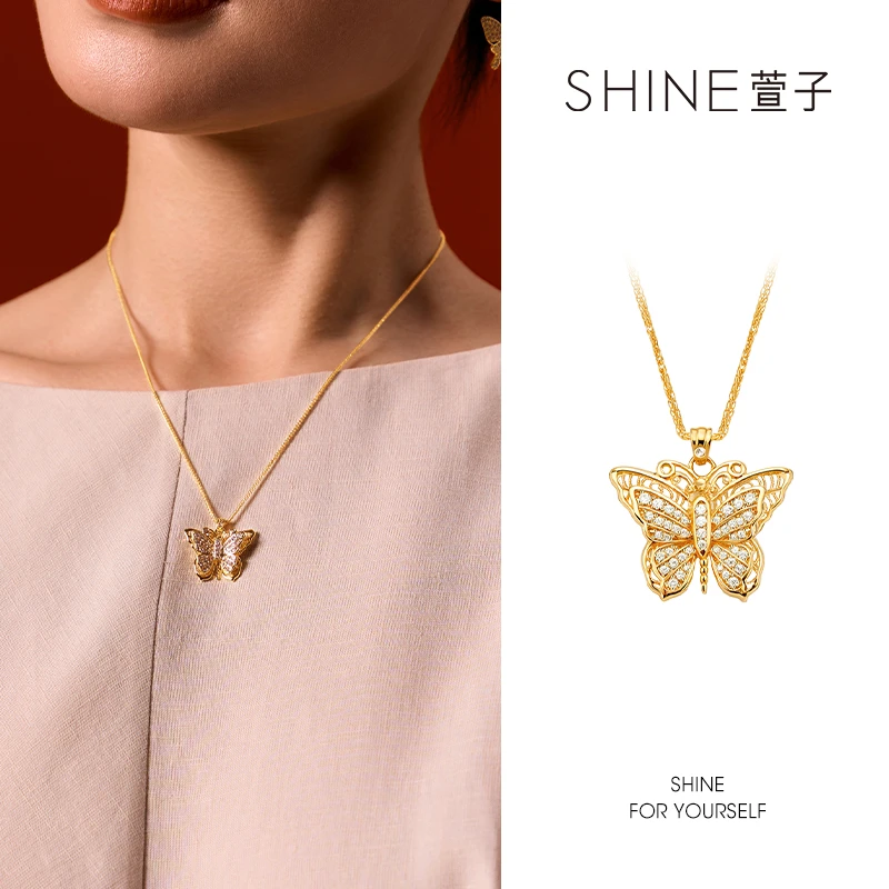 铜合成锆石项链 都市时髦国潮项链古法手工项链蝴蝶锁骨链