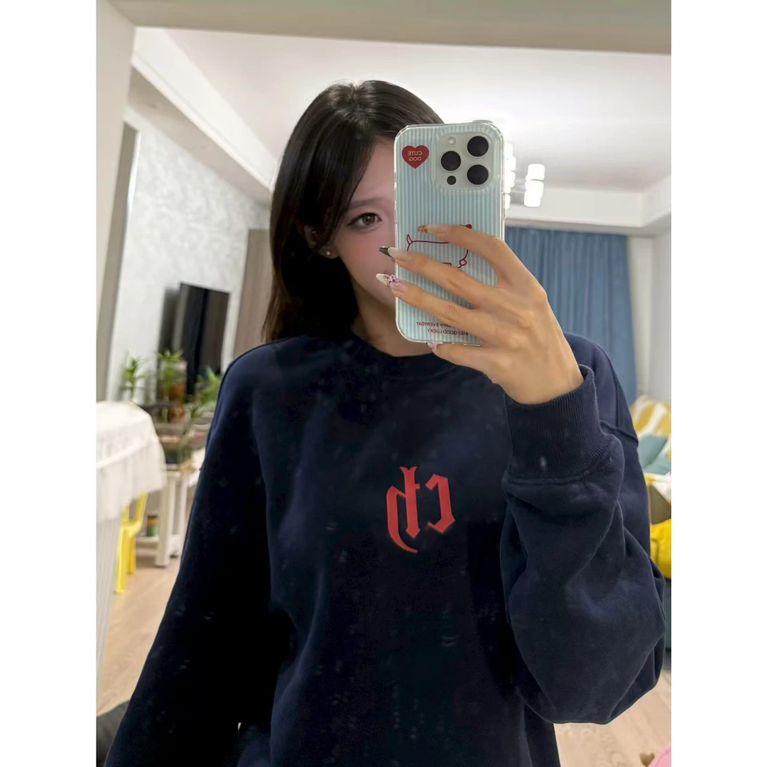 印花宽松圆领卫衣女中长款秋冬款薄款加绒款舒适长袖T恤休闲百搭