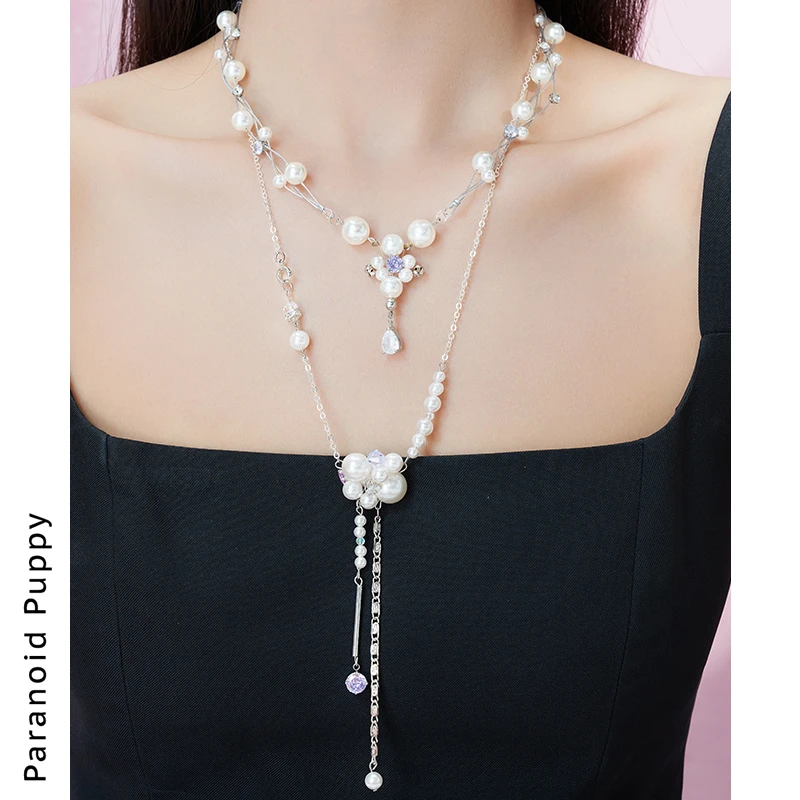 铜合金仿珍珠项链 《云》破碎项链叠戴设计感锁骨链小众长款毛衣链