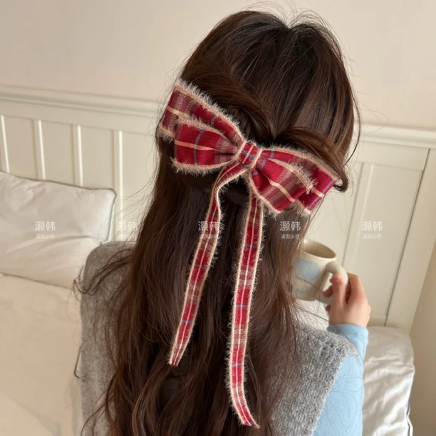 复古韩！红格子拼接飘带发夹～女学院风双层蝴蝶结新款高级感鸭嘴夹