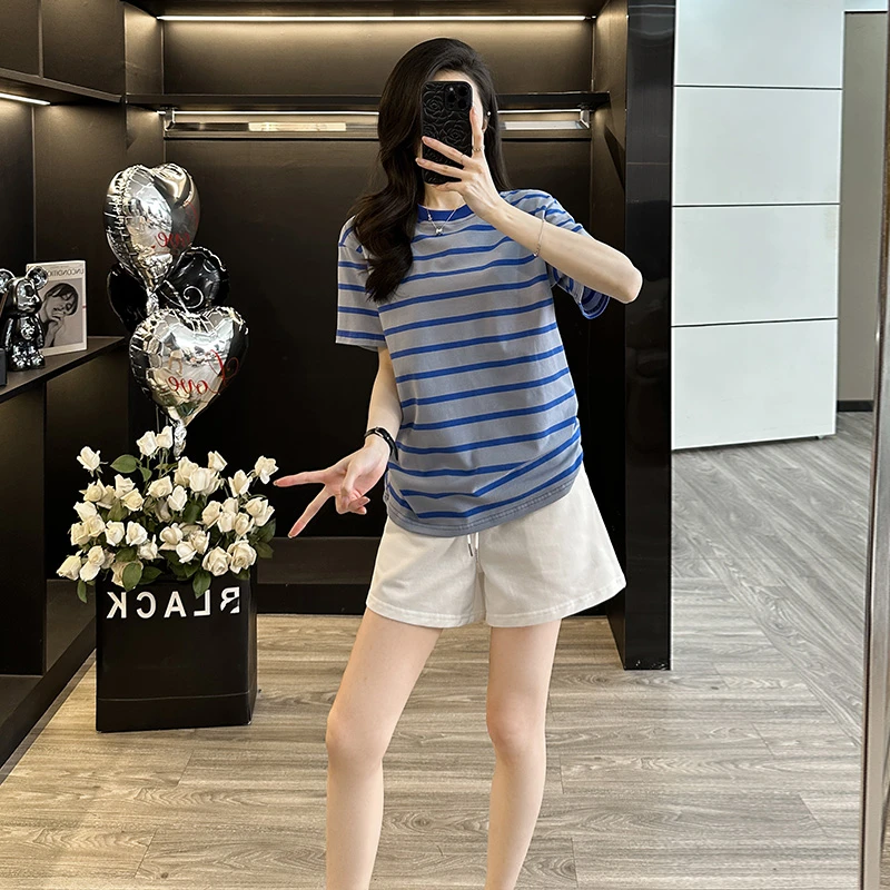 休闲套装女装夏季新款洋气韩版蓝色条纹短袖白色短裤运动两件套