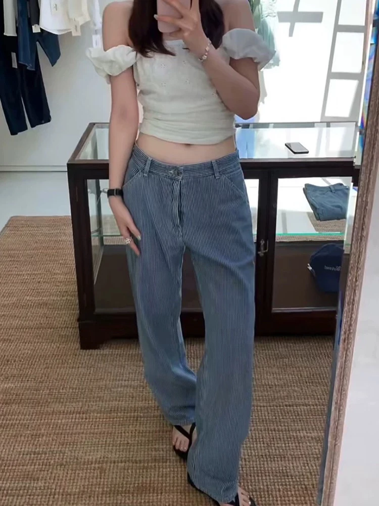 韩单八乃显瘦竖条纹弹力高腰工装直筒牛仔裤