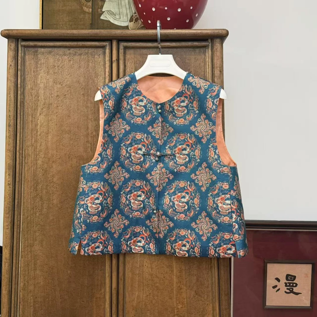 MYL2025春季新款钱小萍蓝色巳蛇马甲织金双面穿生肖马夹