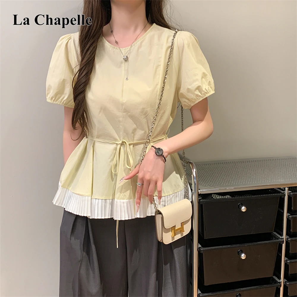拉夏贝尔夏款韩系别致撞色泡泡短袖上衣系带收腰遮肉气质衬衫女