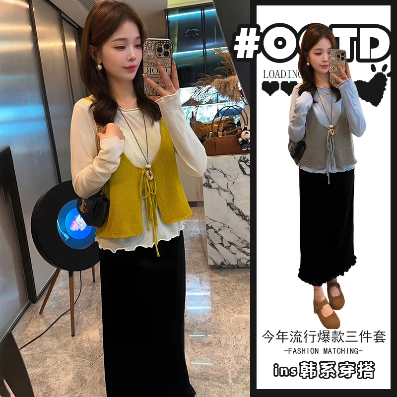 韩系学院风套装女春秋季新款外搭叠穿马甲打底衫高腰半身裙三件套