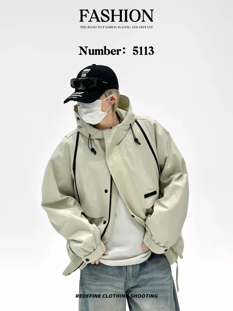 【5113】男士新款连帽夹克宽松百搭休闲工装外套潮牌痞帅冲锋