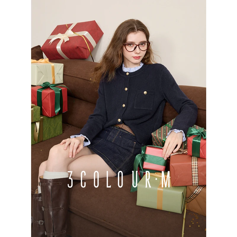 【三彩奶油针织衫】2025春季新款假两件学院风衬衫领毛衣开衫女M
