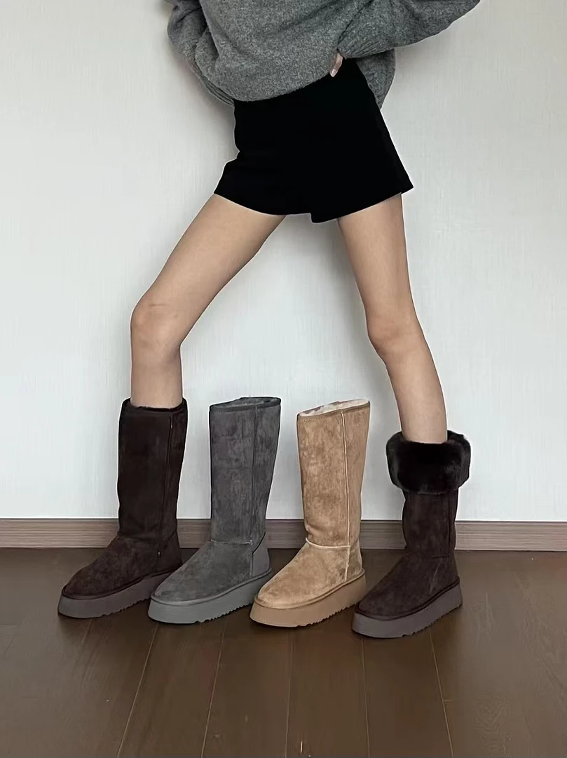 ZHIYU 新款冬季加绒可翻折两穿长筒靴 厚底增高大码雪地靴4cm