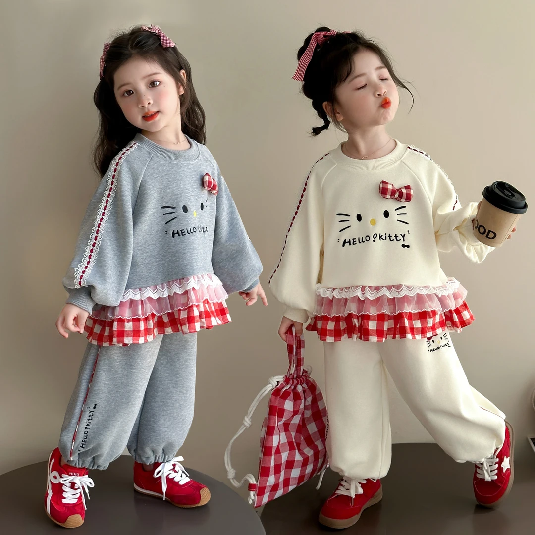 女童花边格子卫衣套装洋气儿童春秋季新款女宝宝休闲两件套小女孩