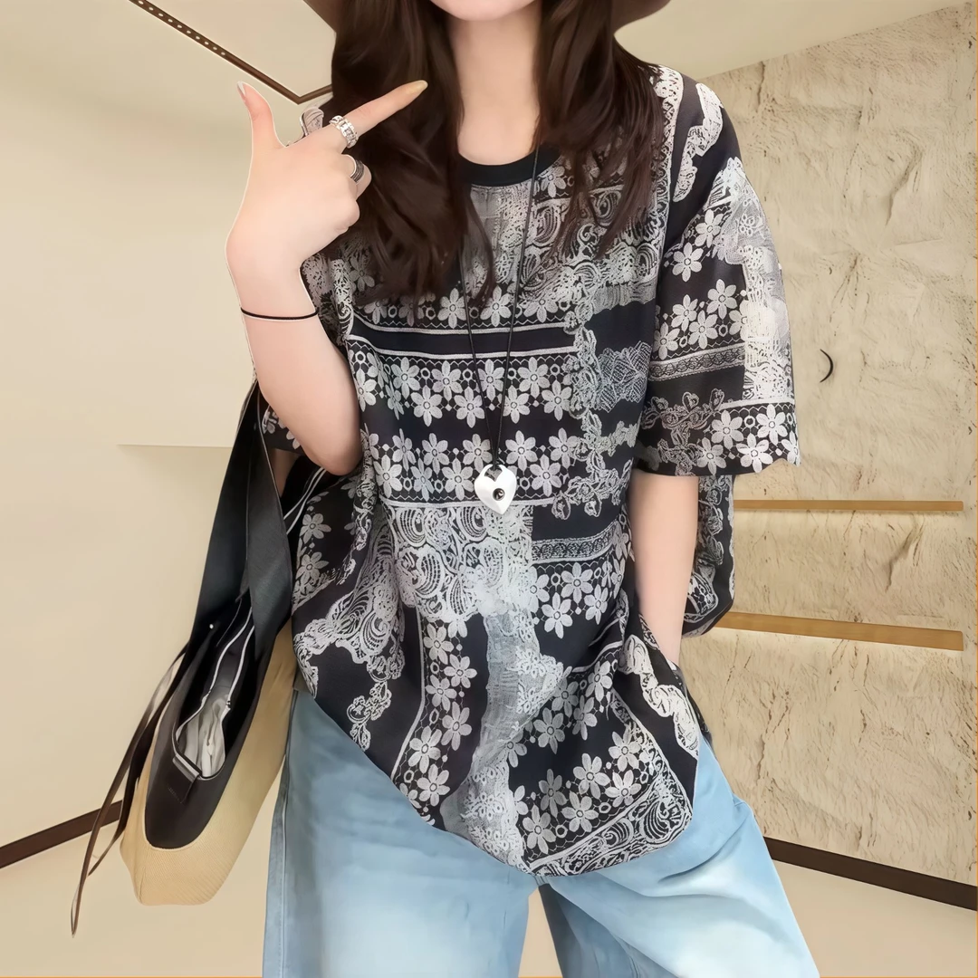 夏款小众女波西米亚风休闲百搭T恤宽松大码短袖爆款2025新款穿搭
