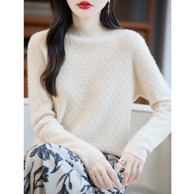 100%全羊毛～25年新款立体提花半高领女内搭秋冬针织打底衫