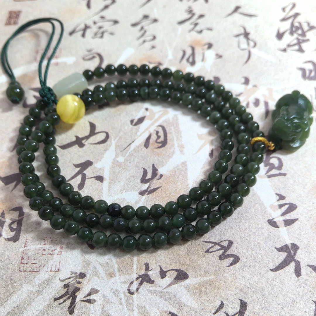 【蜜语】原矿天然 高端和田玉老菠菜绿 雕刻件貔貅国风毛衣链