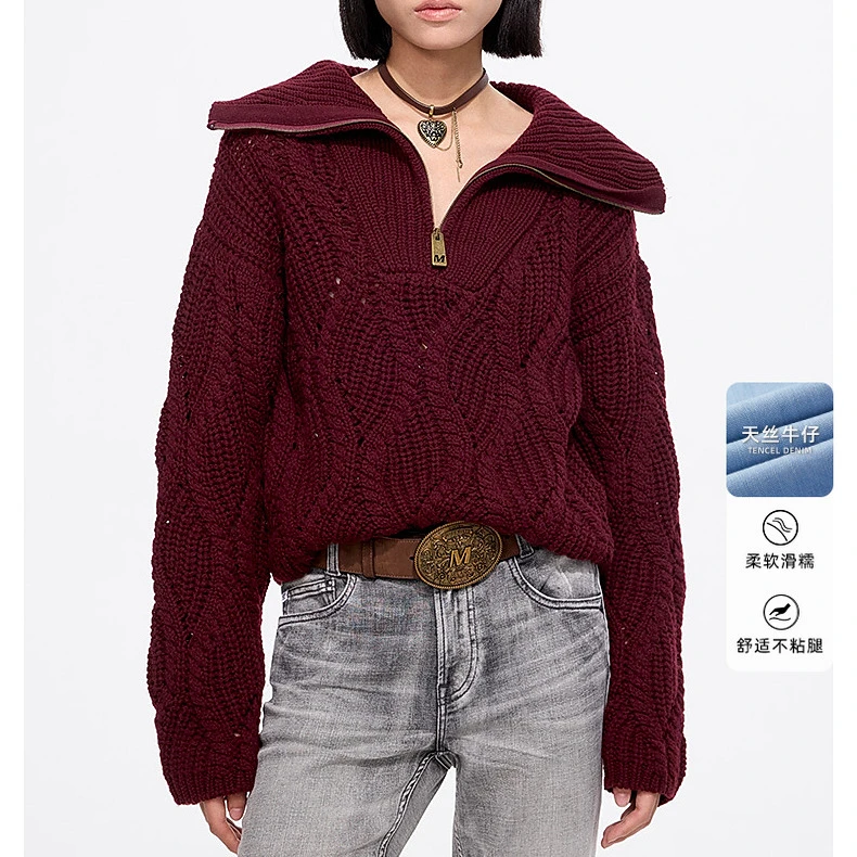 【商场同款新品】Miss Sixty2025春季针织衫女翻领拉链宽松镂空毛衣