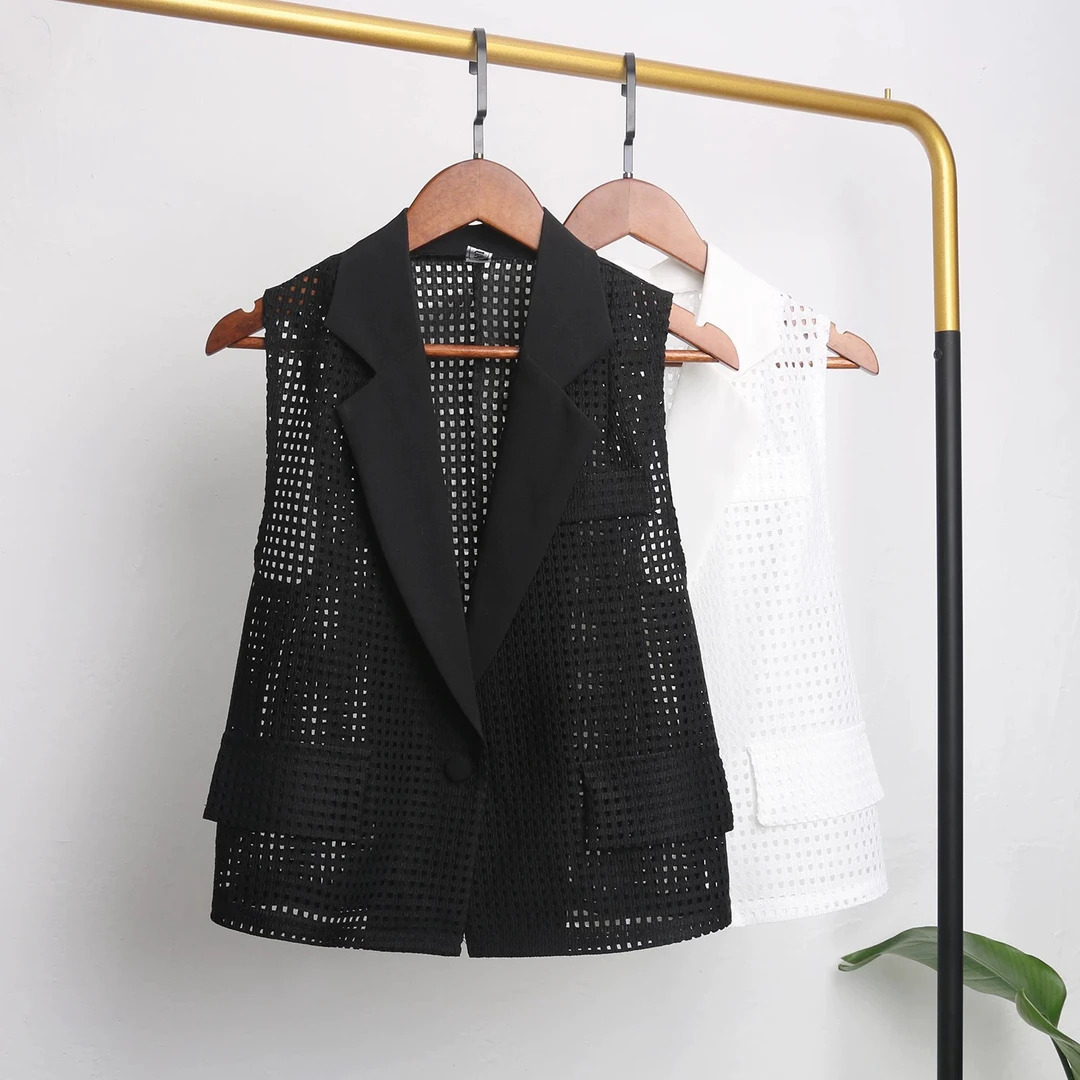 薄款马甲女夏季外穿短款上衣时尚西装背心马夹外搭开衫镂空小衫潮