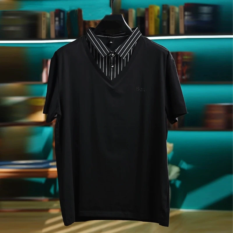 胖子男士加肥加大码短袖假两件卫衣T恤肥佬翻领衬衫领上衣夏装7XL