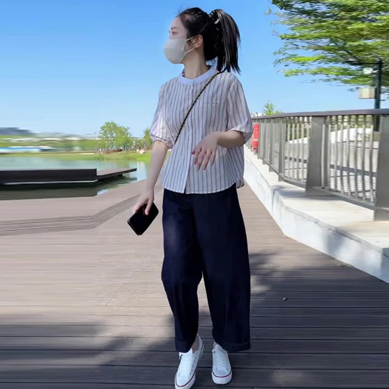 韩系减龄时尚套装女设计感小众条纹衬衫上衣高腰显瘦休闲裤两件套