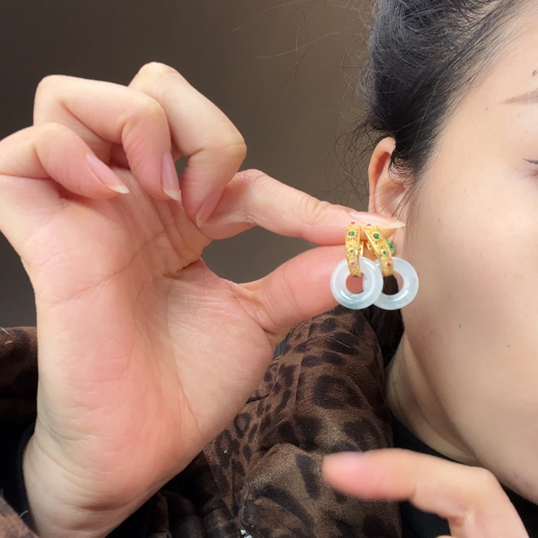 翡翠银S925镶嵌耳饰天然翡翠