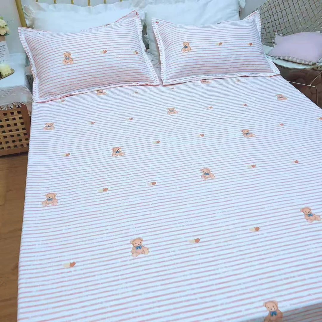 布头福利尾货老粗布亲肤花边三件套：条纹小熊