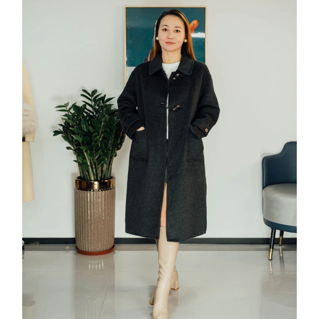 2025黑色高级感女款廓形大衣秋冬时尚翻领中长款毛呢外套宽松