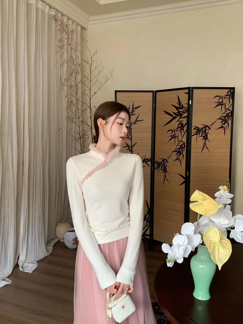 EIA一尧【冬季新品清仓】新中式立领水貂毛长袖上衣显瘦少女感秋冬