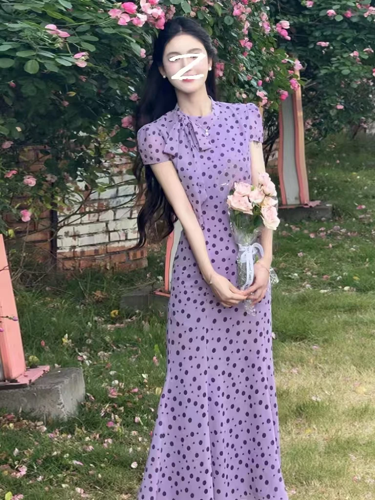 现621-4#法式气质优雅紫色波点连衣裙夏季新款高级感收腰显瘦长裙