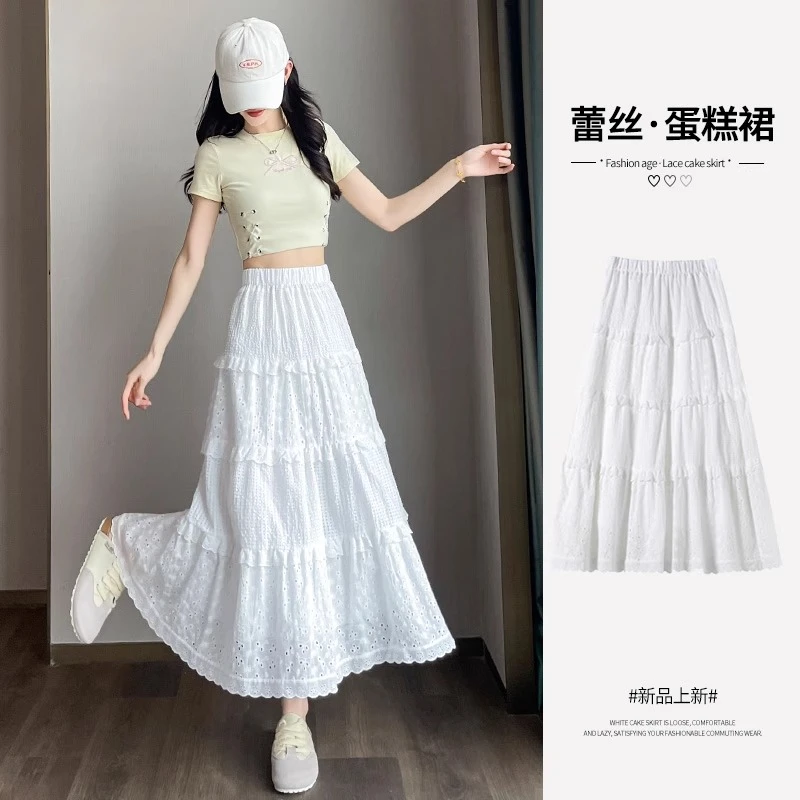 白色蛋糕裙女夏季2025新款小个子a字裙高腰显瘦蕾丝花边半身长裙