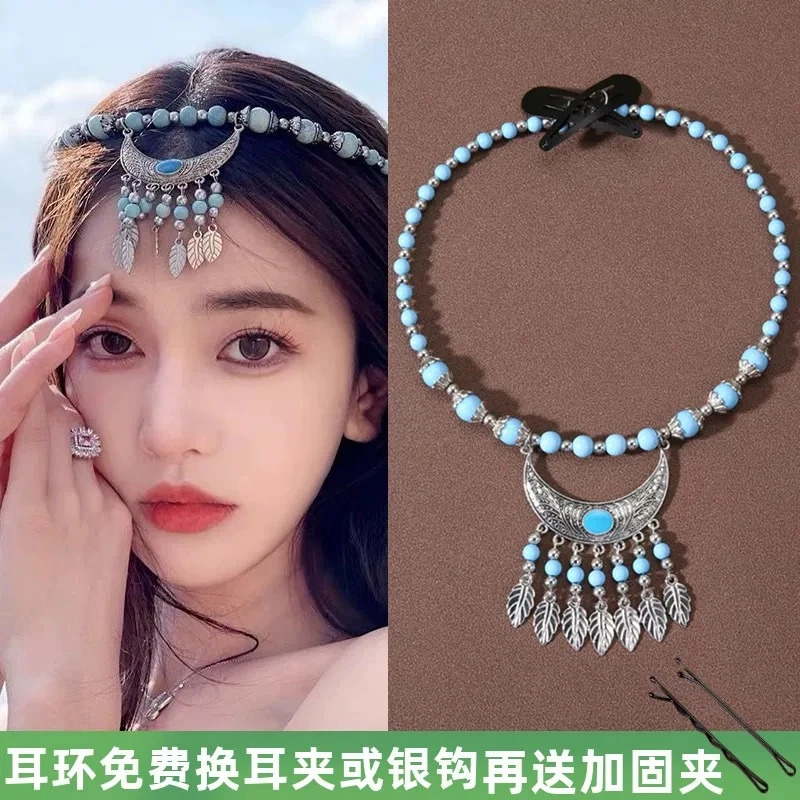 复古民族风月牙叶子流苏额饰项链眉心坠波西米亚额头链女