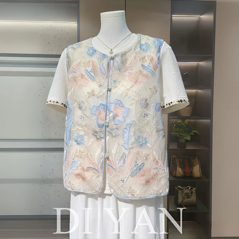 新中式妈妈夏装国风短袖马甲套装中老年女夏季洋气T恤小衫两件套